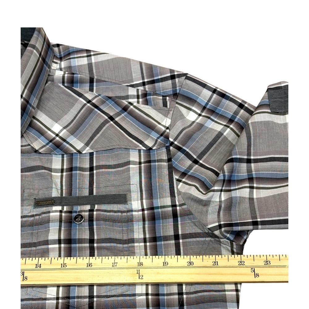 7 Diamonds Plaid Pearl Snap Button Up Shirt Mens‎ Large Grey Blue Short Sleeve - Picture 5 of 11